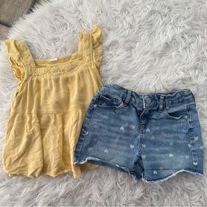 Cat & Jack Size 8 Blue Denim Heart Shorts and Flowy Yellow Tank Summer Outfit